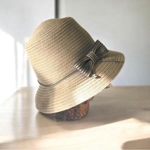 Vintage Tan Bucket Hat with Bow Brown Taupe Cloche Millinery Womens Fedora Hat